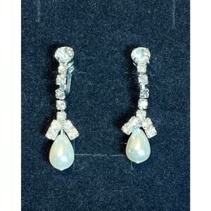 Vintage Rhinestone Bow Drop Earrings Screw Back Faux Pearl Dangle Mid Century